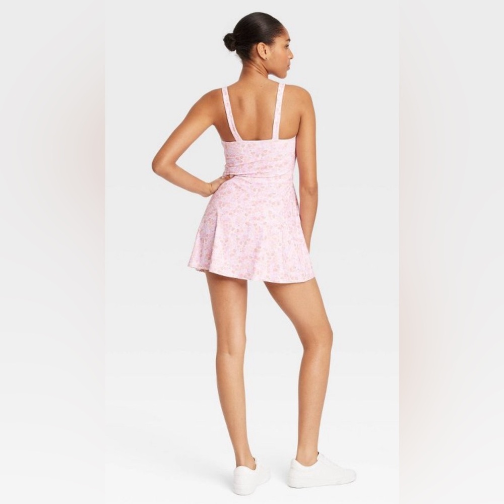 Women's JoyLab Knit Squareneck Slit Active Dress Pink Floral Print BuiltIn Short - Picture 2 of 3